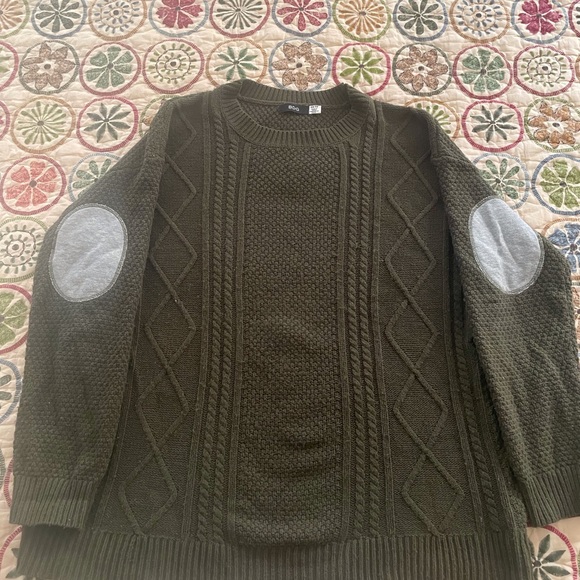 Urban Outfitters BDG Cable Knit Elbow Patch Crewneck Sweater XS Olive Green - Picture 2 of 6